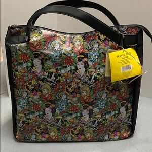 Ed Hardy Geisha Skull Tattoo Art Zip Tote Bag, by Christian Audigier Y2K Style
